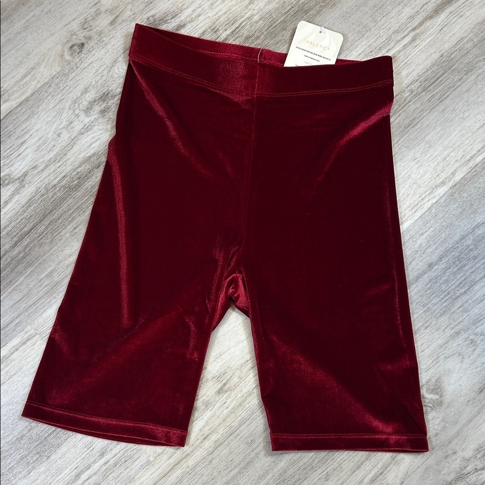 Fabletics Velvet Burgundy Athleisure High-Waisted Velour 9” Bike Shorts | Size M